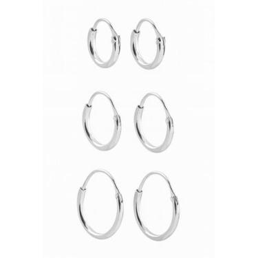 Imagem de Trio De Brincos Argolas Fio Redondo Em Prata 925 Para 3 furos - Loja d
