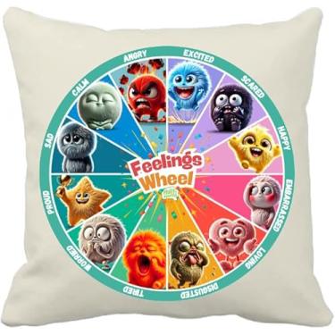 Imagem de Multi-Memo Feelings Capa de almofada de roda 45,7 x 45,7 cm – Almofada de aprendizagem emocional de veludo sintético macio para crianças | Fronha decorativa para sala de aula, terapia, sala de jogos