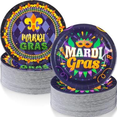 Imagem de SiliFine 200 peças de pratos de papel carnaval de 22 cm, pratos descartáveis roxos, verdes, amarelos, artigos de festa de carnaval, artigos de mesa decorativos para baile de máscaras, jantares,