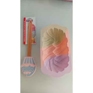Imagem de Forma de Silicone para Bolo Espiral Multicolorida com Espátula de Madeira, Kit Confeitaria 2 Peças (Trançada Rosa)