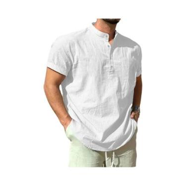 Imagem de Camiseta Masculina Leve De Algodão E Linho Com Gola Henley, Casual De 
