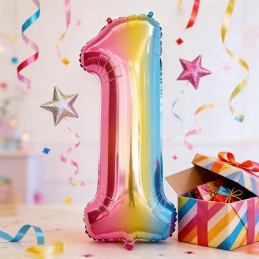 Imagem de Balão grande número 1 de 101 cm | Balão de folha de Mylar arco-íris para casamentos, aniversários, formaturas, decorações de aposentadoria | Artigos de festa cheios de ar para celebração de adultos