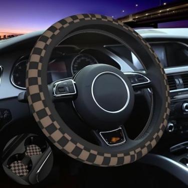 Imagem de Capa de volante xadrez preta marrom capa de neoprene antiderrapante 38 cm para homens e mulheres capas de volante xadrez carro protetor universal roda