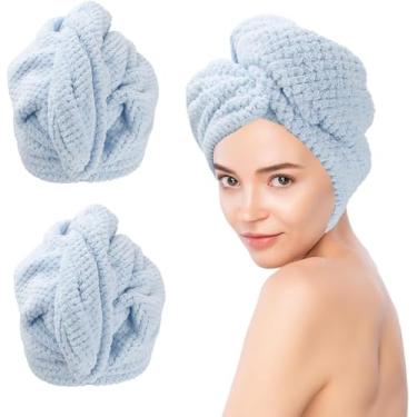 Imagem de Envoltório de toalha de cabelo de microfibra para mulheres, pacote com 2 toalhas de cabelo azuis, toalhas de cabelo para mulheres, super absorvente, secagem rápida, toalha de secagem de cabelo, toalha