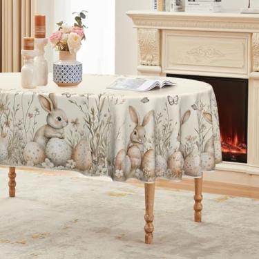 Imagem de Horaldaily Toalha de mesa de Páscoa 152 × 213 cm, oval, bege, coelhinho da Páscoa, lavável, para decoração de festa, piquenique, jantar