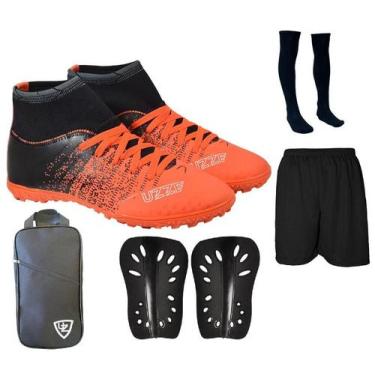 Imagem de Chuteira Society Cano Alto Botinha Costurada + Caneleira + Meião + Sho