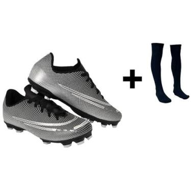 Imagem de Chuteira Campo Costurada Colada Nova Na Caixa + Meião - A7, Preto, 36
