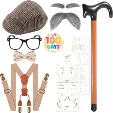 Imagem de Fabllewavi 8 peças fantasia de velho avô – chapéu, suspensórios, gravata borboleta, sobrancelhas, bigodes, óculos, crachá, tatuagem para cosplay, Caqui, Standard