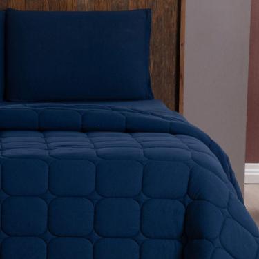 Imagem de Kit Cobre Leito Colcha Livorno Solteiro Acolchoado Fofo Macio Malha 100% Algodão 2 Peças - Azul Marinho