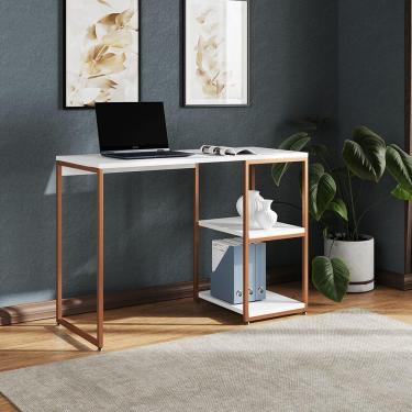 Imagem de Mesa Escritório Berlim Industrial Com Prateleira Ferro Cobre Tampo 110x46 Branco