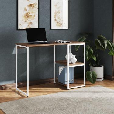Imagem de Mesa Escritório Berlim Industrial Com Prateleira Ferro Branco Tampo 110x46 Amêndoa