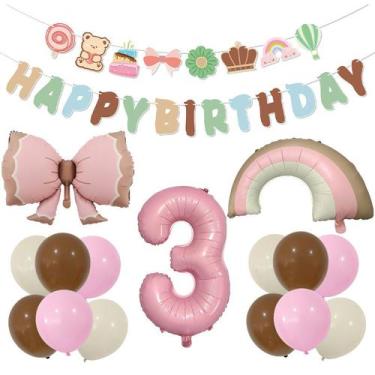Imagem de Kit de balão genérico de 3º aniversário com laço rosa e arco-íris - yi