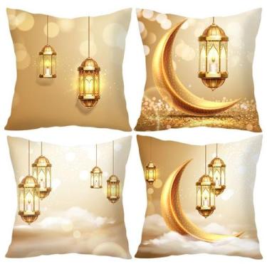 Imagem de Capa de travesseiro com tema dourado decorativo de lua e lanterna 45x4