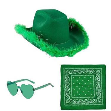 Imagem de Conjunto de fantasias, chapéu de cowboy verde com acabamento em penas,
