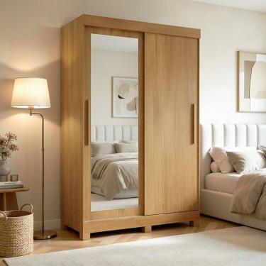 Imagem de Guarda Roupa Solteiro 2 Portas de Correr 2 Gavetas Flex com Pés e Espelho 100% Mdf Amanda Cinamomo