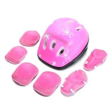 Imagem de Capacete Infantil Rosa com Kit Proteção  Joelheiras e Cotoveleiras Azu