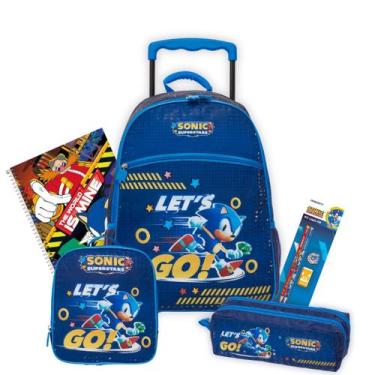 Imagem de Kit Mochila Rodinhas Sonic Estojo Triplo E Lancheira Térmica, Azul