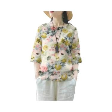 Imagem de Blusa Feminina Boêmia de Algodão e Linho - Manga 3/4, Gola Redonda, Ca