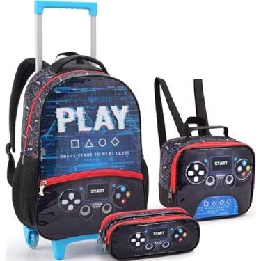 Imagem de Kit Escolar Mochila de Rodinha com Lancheira e Estojo Gamer Menino Com Canetinha Ponta Dupla