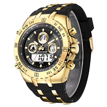 Imagem de GOLDEN HOUR Relógios masculinos esportivos militares de luxo com face grande 3 ATM à prova d'água, cronômetro, data e data, alarme, relógio de pulso analógico digital luminoso com pulseira de borracha, Dourado,