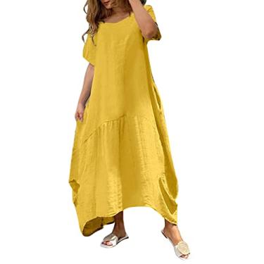 Imagem de UIFLQXX Vestidos de verão para mulheres, gola redonda, casual, manga comprida, solto, cor lisa, vestido longo, Amarelo, M