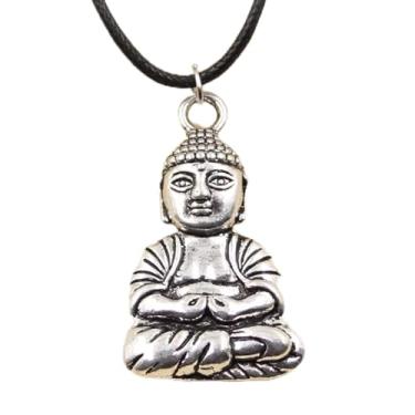 Imagem de EDCRFV Colar pingente de prata tibetano pingente cordão de couro preto feito à mão