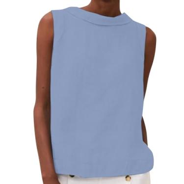 Imagem de Camisetas femininas de linho de verão 2024 lapela sem mangas cor sólida blusas casuais soltas elegantes túnicas de férias para sair, Azul-celeste, G