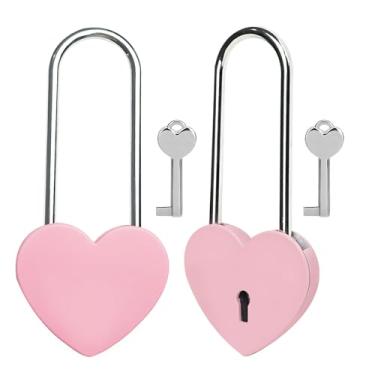 Imagem de Gradleen 2 peças de cadeado de coração único rosa de 8,5 cm com chave, cadeado de amor de 50 mm de metal brilhante para ponte Lovelock, caixa de joias, livro diário, caixa de cartão