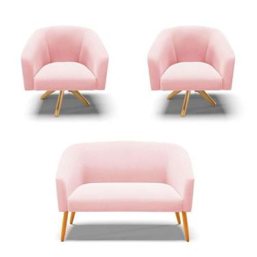 Imagem de Kit 1 Namoradeira E 2 Poltronas Base Madeira Rosa Bebê - DROSSI