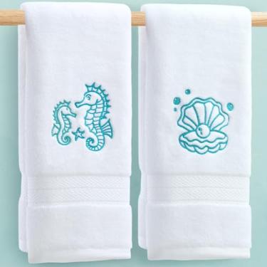 Imagem de Toalhas de mão bordadas, 2 peças grandes 40.6 cm x 76.2 cm - 100% algodão | Secagem rápida | 500GSM | Macio | Absorve, toalha de mão branca para banheiro, toalha de praia com padrão Aqua Blue, tema