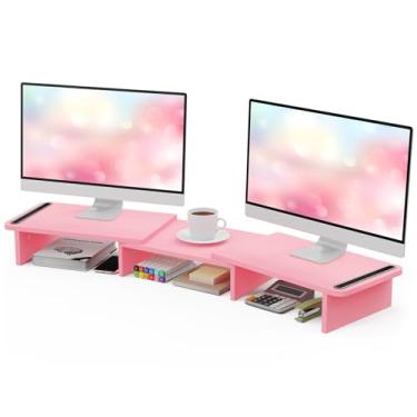 Imagem de Zimilar Suporte Para Monitor Duplo, Com Comprimento E Ângulo Ajustáveis, Madeira Mesa, 2 Monitores, Espaço De Armazenamento