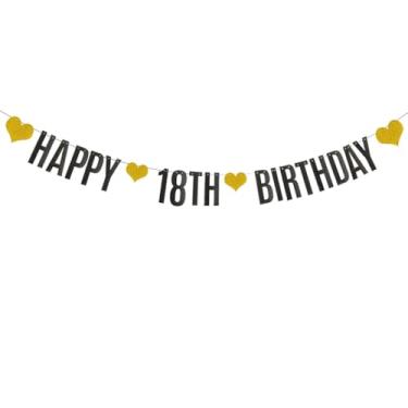 Imagem de Faixa Happy 18TH BIRTHDAYY, faixa de papel com glitter preto para suprimentos de decorações de festa de 18 anos, pré-amarrada, sem necessidade de montagem, letras pretas, Betteryanzi