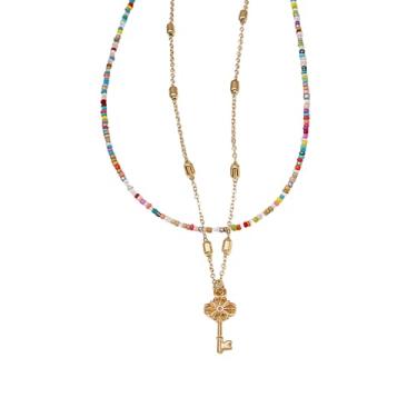 Imagem de Colares empilhados para mulheres, pingente de chaveiro e cadeado de ouro, arco-íris, longo, boêmio, amizade, amor, joias, presente, Large, Liga de aço, Sem Pedra Preciosa