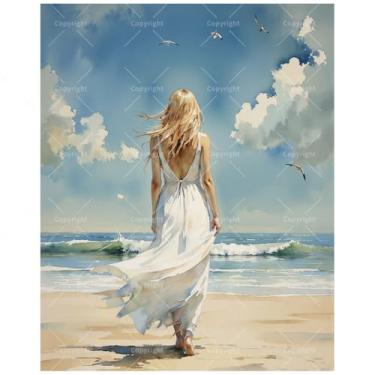 Imagem de Kit de pintura de praia por números para adultos – Vestido feminino DIY da The Sea Painting on Canvas 40 x 50 cm, conjunto de tinta acrílica, adequado para iniciantes, arte para decoração de casa ou