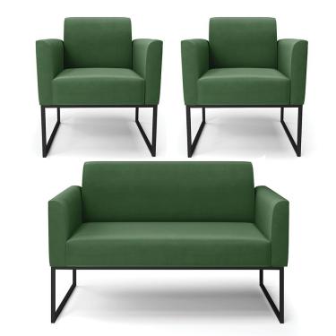 Imagem de Sofá Namoradeira Com 2 Poltronas Base Industrial Preto Marisa Suede Verde