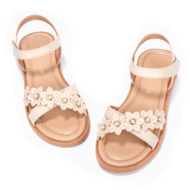Imagem de PANDANINJIA Sandália feminina Elva bico aberto sandálias de verão com alças cruzadas rasteiras para crianças pequenas, Mary Bege PU, 4 Big Kid