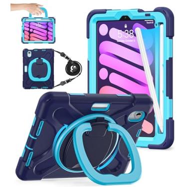 Imagem de BATYUE Capa para iPad Mini 6, iPad Mini 6ª geração com suporte para lápis de carregamento da Apple / suporte giratório de 360°/alça de ombro/capa protetora resistente à prova de choque – azul marinho + azul