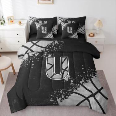 Imagem de Erosebridal Jogo de cama solteiro com letra U, preto, cinza, 7 peças, basquete, personalizado, com lençol com lençol com tema esportivo, para crianças e adultos, conjunto de cama com monograma de