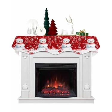 Imagem de Bilagawa Cachecol de cornija de corredor de mesa de Natal lareira boneco de neve bola de Natal floco de neve lenço de lareira vermelho, capa de lareira perfeita para decoração de casa de festas de fim