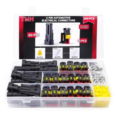 Imagem de TMH Kit de conectores elétricos de 2 pinos, 200 peças, conectores de terminal de fio elétrico automotivo macho e fêmea para carro, caminhão, motocicleta, barco marítimo
