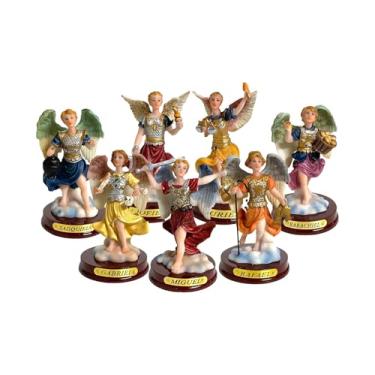 Imagem de mrcjsales Conjunto completo de estátuas dos sete arcanjos – 7,5 cm de resina | Siete Arcángeles Figuras Completas Religiosas | Conjunto completo para altar doméstico, oração