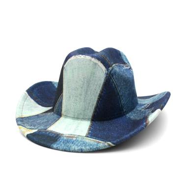 Imagem de WOTFIM Chapéu de cowboy ocidental para mulheres, homem, feltro, aba larga, chapéu de caubói para festa, cosplay, fantasia de vaqueira do Velho Oeste, Azul-marinho B, Tamanho Único