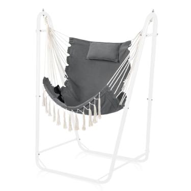 Imagem de ﻿Hammock Chair with U Shape Stand, Cotton Swing Chair with Side Pocket, Heavy-Duty Metal Frame with Hanging Seat, Multi-Functional Swing Stand for Indoor and Outdoor Patio Yard Garden (WhiteGray)