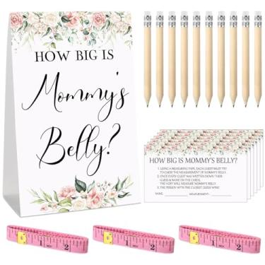 Imagem de Sabary 64 peças de jogos de chá de bebê incluem o tamanho do sinal de barriga da mamãe, 50 cartas, 10 lápis, 3 fitas métricas para chá de bebê, material de festa (flor)