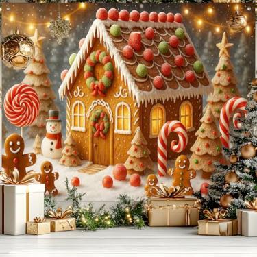 Imagem de HOMETITUTE Pano de fundo de Natal para casa de gengibre, 2,8 x 1,8 m, com cana-de-doce, boneco de neve e biscoitos, faixa de festa de inverno, decoração fotográfica