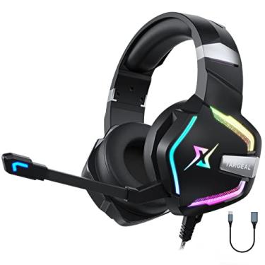 Imagem de Fone de ouvido estéreo para jogos 7.1 Bass Surround para PS4 PS5 PC Laptop, USB Jack Over Ear Fones de ouvido com fio para jogos com microfone com cancelamento de ruído, luz LED RGB, 1 adaptador de cabo USB tipo C