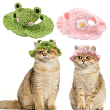 Imagem de HACRAHO Lindo chapéu de malha para gatos, 2 peças, sapo e flor, chapéu de crochê feito à mão, gorro de lã de tricô de inverno, fantasia de festa de Natal de Halloween para filhotes de gatos (M, rosa