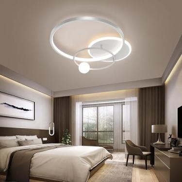Imagem de Luminária de teto LED moderna com anel redondo e dimerizável, com controle remoto para ajuste de cor e brilho, ideal para sala de estar e quarto (Branca, Ø42cm)