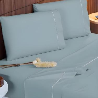 Imagem de Jogo de Lençol Queen 4 Peças 400 Fios Micropercal Toque de Seda Lençol com Elástico Fronhas Ponto Palito(VERDE ERVA DOCE)