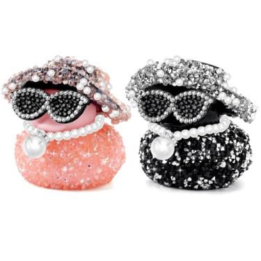 Imagem de Travone 2 peças de decoração de painel de carro fofo rosa preto diamante borracha pato conjunto de acessórios interiores de carro para casa, mesa, escritório, decorativo, engraçado, espelho retrovisor